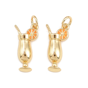 Brass Enamel Pendants, Drink Charms, Rack Plating, Cadmium Free & Lead Free, Long-Lasting Plated, Real 18K Gold Plated, with Jump Ring, Orange, 18x9x3.5mm, Hole: 3mm