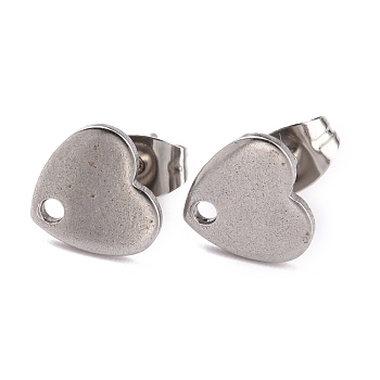 Heart Shape 304 Stainless Steel Stud Earring Findings, with Earring Backs 0.8mm Pin, for Jewelry Making, Stainless Steel Color, 8.4x9x1mm, Pin: 0.8mm