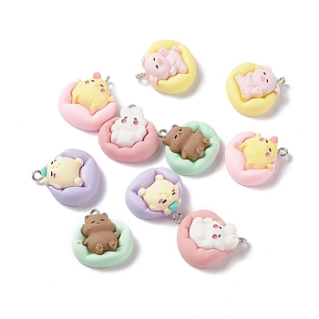 Opaque Resin Pendants, with Platinum Tone Iron Loops, Rabbit & Pig & Chick, Mixed Shapes Animal Charms, Mixed Color, 21.5~23x20~20.5x7.5~9mm, Hole: 2mm