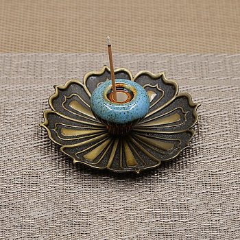 Porcelain Incense Burners Holder, with Alloy Flower Base, Buddhism Aromatherapy Furnace Home Decor, Sky Blue, 88x28mm