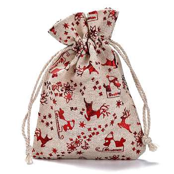 Cotton Gift Packing Pouches Drawstring Bags, for Christmas Valentine Birthday Wedding Party Candy Wrapping, Red, Deer Pattern, 14.3x10cm
