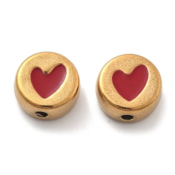 Ion Plating(IP) 304 Stainless Steel Beads, with Enamel, Real 18K Gold Plated, Flat Round with Heart, FireBrick, 10x4.5mm, Hole: 1.6mm