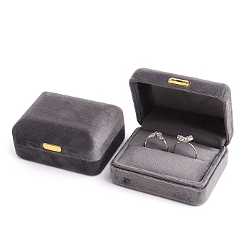 Rectangle Velvet Double Ring Storage Box, Jewelry Gift Case with Iron Clip, for Rings, Dark Gray, 7.7x5.9x3.6cm