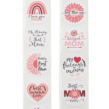 Mother's Day 8 Styles Stickers Roll, Round Paper Adhesive Labels, Decorative Sealing Stickers for Gifts, Party, Mixed Color, 25x0.2mm, 500pcs/roll