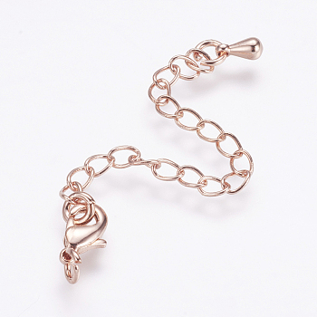 Long-Lasting Plated Brass Chain Extender, with Lobster Claw Clasps and Chain Extender Teardrop, Real Rose Gold Plated, 9.5x5x2.5mm, Hole: 2mm, Extend Chain: 68~70mm, ring: 4x0.8~1mm