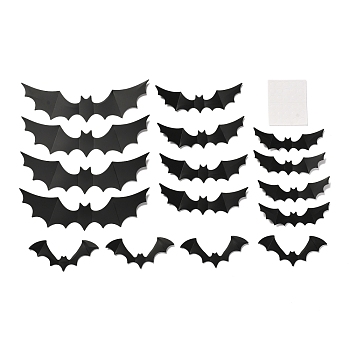 Halloween Theme PVC Plastic Artificial 3D Bat Decorations, with Adhesive Sticker, for Fridge or Wall Decorations, Black, 21~39x86~155x0.1mm, 16pcs/bag
