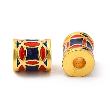 Alloy Enamel Beads, Rack Plating, Column with Coin Pattern, Matte Gold Color, Midnight Blue, 9.5x8mm, Hole: 3mm