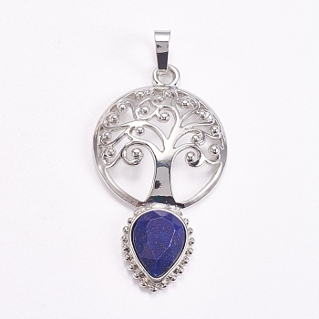 Brass Pendants, Natural Lapis Lazuli, Faceted, Hollow Flat Round with Tree of Life and Teardrop, Platinum, 49x27x6mm