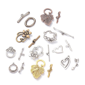 Alloy Toggle Clasps, Cadmium Free & Lead Free, Leaf & Flower & Heart & Ring, Mixed Color, Bar: 5.5~8x20.5~39x3~5.5mm, Hole: 2mm, Mixed Shape: 19~36x15~22x1.5~3mm, Hole: 1mm