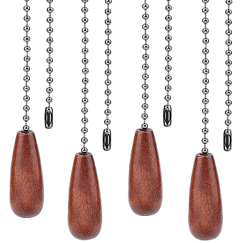 Natural Wood Teardrop Pendant Decorations, with Gunmetal Iron Ball Chains, Coconut Brown, 309x3~18mm, 4pcs/set