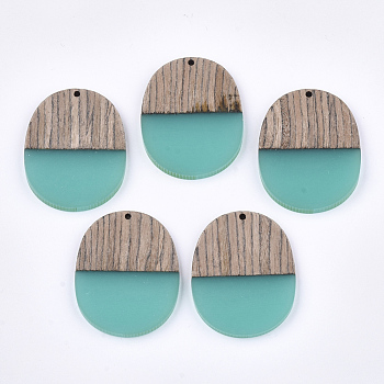 Resin & Wenge Wood Pendants, Oval, Medium Turquoise, 44.5x34.5~35.5x3~4mm, Hole: 2mm