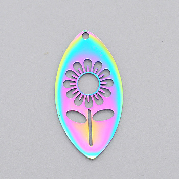 Ion Plating(IP) 201 Stainless Steel Pendants, Laser Cut, Hollow, Horse Eye with Flower, Rainbow Color, 30.5x15.5x1mm, Hole: 1.6mm