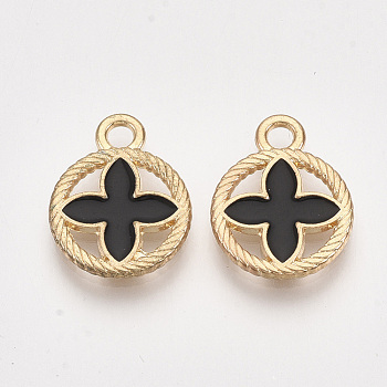Alloy Pendants, Cadmium Free & Lead Free, with Enamel, Flat Round with Flower, Light Gold, Black, 16x13x1.5mm, Hole: 2mm
