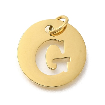 Ion Plating(IP) 304 Stainless Steel Pendants, with Jump Ring, Laser Cut, Flat Round with Letter Charm, Real 18K Gold Plated, Letter G, 20x1mm, Hole: 4.5mm