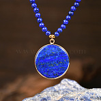 Dyed Natural Lapis Lazuli Beaded Brass Gems Pendant Necklaces, Golden, Flat Round, 15.75 inch(40cm), pendant: 30mm(FS-WG3CE6D-01)