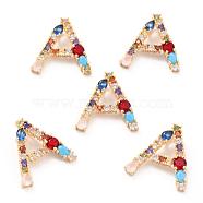 Brass Rhinestone Pendants, with Cubic Zirconia, Letter, Golden, Colorful, Letter.A, 19.5x19.5x2.5mm, Hole: 3.5x2.5mm(ZIRC-E517-04A-G)