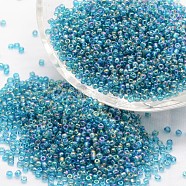 8/0 Round Glass Seed Beads, Grade A, Transparent Colours Rainbow, Sky Blue, 2.8~3.2mm, Hole: 1.0mm, about 1500pcs/50g(X-SEED-J011-F8-179)