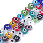 Handmade Evil Eye Lampwork Beads Strands, Flat Round, Mixed Color, 6x2.5mm, Hole: 1mm, about 64~65pcs/strand, 14.1 inch~14.5 inch(LAMP-S191-02A-13)