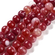 Natural Striped Agate/Banded Agate Beads Strands, Dyed, Round, Indian Red, 10mm, Hole: 1.2mm, about 19pcs/strand, 7.60''(19.3cm)(G-Z060-A01-C15)