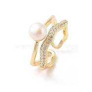 Round Natural Freshwater Pearl Finger Ring for Women, Brass Micro Pave Cubic Zirconia Open Cuff Ring, Real 14K Gold Plated, 10mm, Inner Diameter: Adjustable(RJEW-C090-04G)