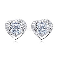 Brass Stud Earrings, with Crystal Rhinestone and Faceted Glass Rhinestone, Heart, Platinum, 8.5x9x3.5mm, Pin: 0.7mm(EJEW-BB63282-B)