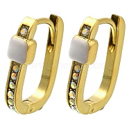 Ion Plating(IP) 304 Stainless Steel Enamel Rectangle Hoop Earrings, with Rhinestone, Real 14K Gold Plated, White, 15.5x11.5x4mm(EJEW-I316-05G-01)