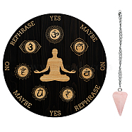 AHADEMAKER 1Pc Wood Pendulum Board, 1Pc 304 Stainless Steel Cable Chain Necklaces, 1Pc Natural Rose Quartz Stone Pendants, for Witchcraft Wiccan Altar Supplies, Chakra Theme, Board: 200x4mm(DIY-GA0005-14C)