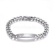 304 Stainless Steel ID Bracelets, with Curb Chain and Cubic Zirconia, Stainless Steel Color, 7-7/8 inch(200mm)x8x3mm(BJEW-G545-02P)