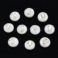 Natural Freshwater Shell Beads, with Golden Plated Brass Etched Metal Embellishments, Flat Round with Letter, Seashell Color, Letter.U, 6x4mm, Hole: 0.8mm(SHEL-S278-036U)