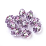 Handmade Silver Foil Glass Lampwork Beads, Oval with Flower, Medium Purple, 16~17x9~11mm, Hole: 1.5~2mm(X-LAMP-Q030-02D)