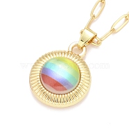 Rainbow Color Pride Necklace, Glass Half Round Pendant Necklace with Alloy Paperclip Chain for Women, Golden, 18.5 inch (47cm)(NJEW-H160-02G)