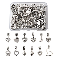 24Pcs 12 Styles Valentine's Day Theme Tibetan Style Alloy European Dangle Charms, Large Hole Pendants, Heart, Antique Silver, 14~38x10~28x1.5~3mm, about 2pcs/style(FIND-FS0001-31)