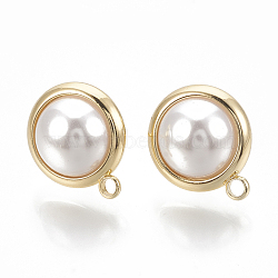 Brass Stud Earring Findings, with Loop and ABS Plastic Imitation Pearl Beads, Dome/Half Round, Real 18K Gold Plated, 15.5x13mm, Hole: 1.8mm, Pin: 1mm(X-KK-Q750-063G)