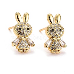 Rabbit Cubic Zirconia Stud Earrings, Real 18K Gold Plated Brass Earrings for Women, Lead Free & Cadmium Free, Clear, 15x8.5mm, Pin: 0.6mm(EJEW-E167-17G)