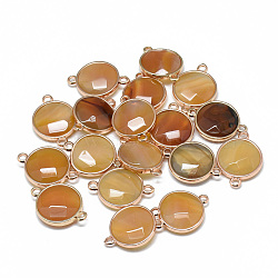 Dyed Natural Carnelian Links connectors, with Golden Tone Brass Findings, Faceted, Flat Round, 25.5~26.5x17~18x6~7mm, Hole: 2~2.5mm(G-T073-02D)