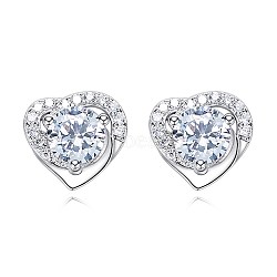 Brass Stud Earrings, with Crystal Rhinestone and Faceted Glass Rhinestone, Heart, Platinum, 8.5x9x3.5mm, Pin: 0.7mm(EJEW-BB63282-B)