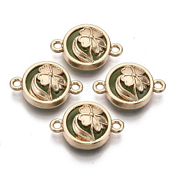 Glass Links connectors, with Light Gold Plated Alloy Findings, Flat Round with Clover, Lime Green, 13.5x19.5x6.5mm, Hole: 1.6mm(GLAA-T015-20C)