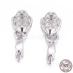 Rhodium Plated 925 Sterling Silver Pendant Bails, with Cubic Zirconia, with 925 Stamp, Ice Pick Pinch Bails, Clear, Platinum, 11.5mm, Hole: 4x1.5mm, Pin: 0.7mm, Inseam Length: 3mm(STER-L058-021P)