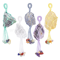 5Pcs 5 Style Natural Gemstone Big Pendants, Natural Amethyst & Citrine & Ruby &  Crystal & Lapis Lazuli, with Chip Gemstones & Nylon Threads, Tassel, 90~105x21~34x13.5~22.5mm, Hole: 5.4~6x5~6.3mm, 1pc/style(G-FG0001-01)