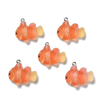 Opaque Resin Pendants, with Platinum Tone Iron Loops, Frosted, Fish, Dark Orange, 24.5x26.5x7mm, Hole: 2mm