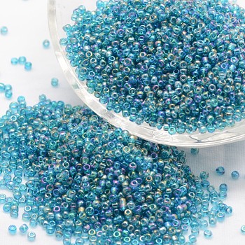 8/0 Round Glass Seed Beads, Grade A, Transparent Colours Rainbow, Sky Blue, 2.8~3.2mm, Hole: 1.0mm, about 1500pcs/50g