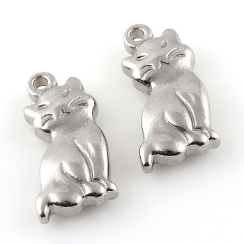 Non-Tarnish 201 Stainless Steel Kitten Pendants, Cat Shape Charms, Stainless Steel Color, 17x10.5x4mm, Hole: 1.5mm