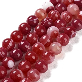 Natural Striped Agate/Banded Agate Beads Strands, Dyed, Round, Indian Red, 10mm, Hole: 1.2mm, about 19pcs/strand, 7.60''(19.3cm)
