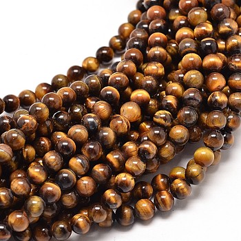 Natural Tiger Eye Round Bead Strands, 4mm, Hole: 0.8~1mm, about 91pcs/strand, 15 inch