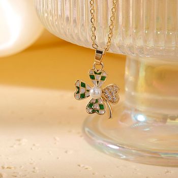 Brass Pave Clear Cubic Zirconia Pendant Necklaces, with Enamel and Imitation Pearl, Four Leaf Clover, Green, 15.75 inch(40cm)