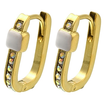 Ion Plating(IP) 304 Stainless Steel Enamel Rectangle Hoop Earrings, with Rhinestone, Real 14K Gold Plated, White, 15.5x11.5x4mm