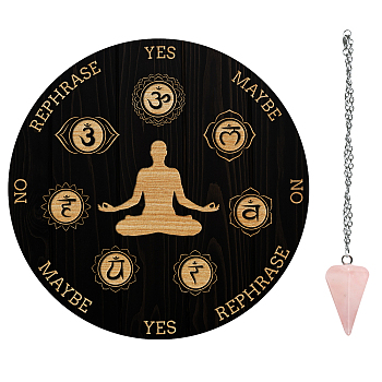 AHADEMAKER 1Pc Wood Pendulum Board, 1Pc 304 Stainless Steel Cable Chain Necklaces, 1Pc Natural Rose Quartz Stone Pendants, for Witchcraft Wiccan Altar Supplies, Chakra Theme, Board: 200x4mm