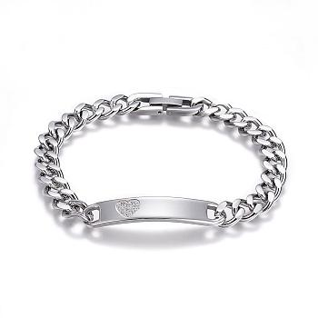 304 Stainless Steel ID Bracelets, with Curb Chain and Cubic Zirconia, Stainless Steel Color, 7-7/8 inch(200mm)x8x3mm