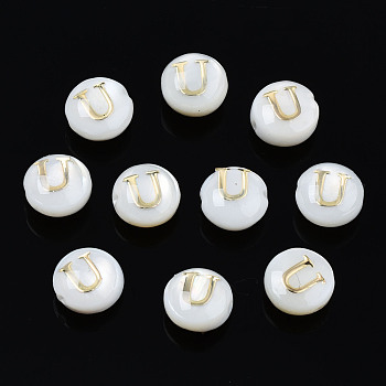 Natural Freshwater Shell Beads, with Golden Plated Brass Etched Metal Embellishments, Flat Round with Letter, Seashell Color, Letter.U, 6x4mm, Hole: 0.8mm