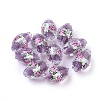 Handmade Silver Foil Glass Lampwork Beads, Oval with Flower, Medium Purple, 16~17x9~11mm, Hole: 1.5~2mm